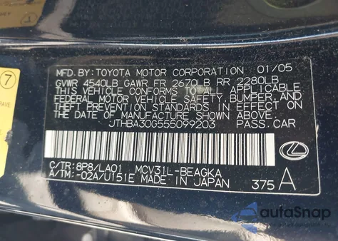 2005 Lexus Es 330 из США, поврежденный, VIN JTHBA30G555099203